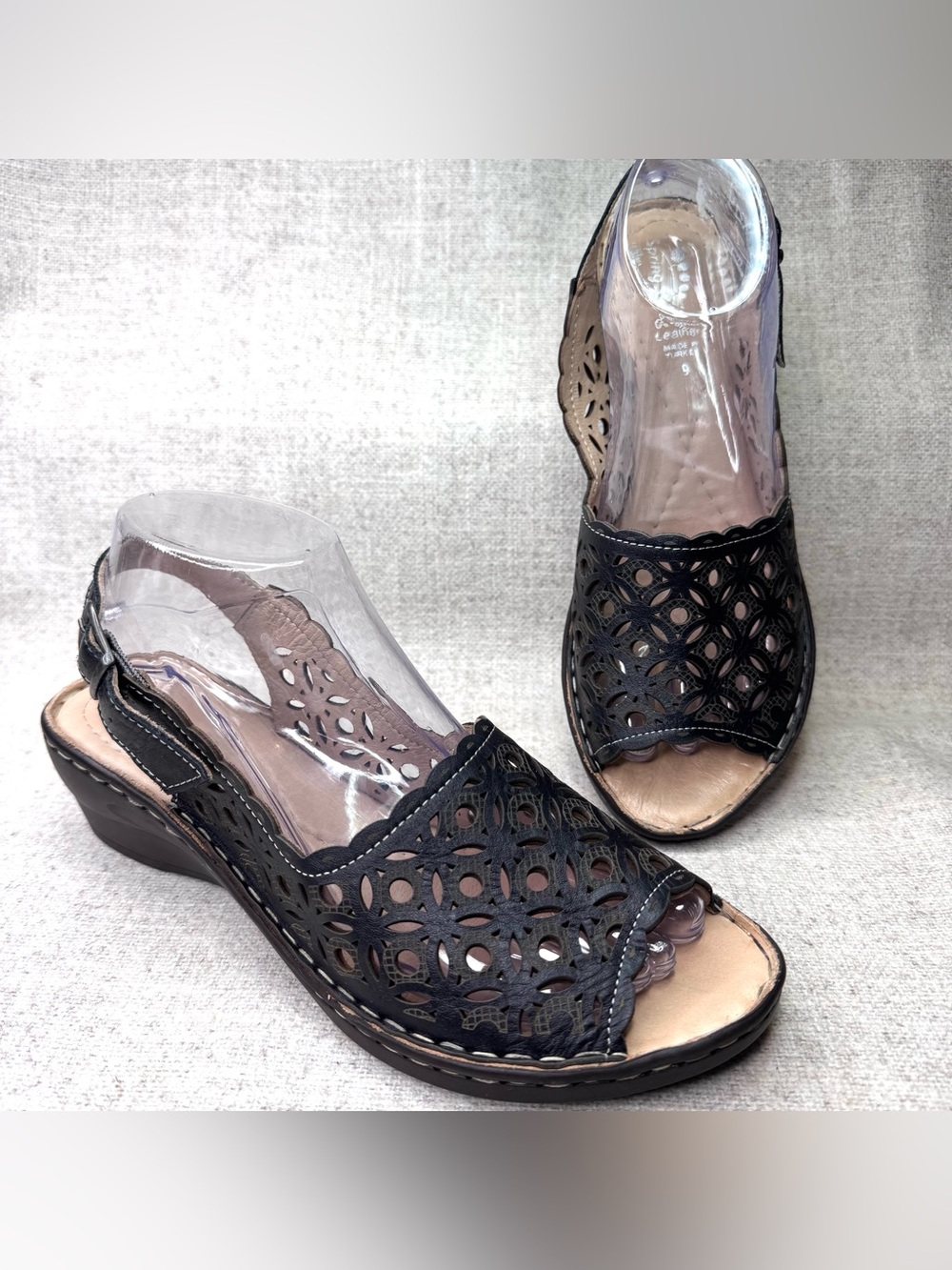 Spring Step Wedge Slingback Sandals black leather size 9/40 peep toe laser cut